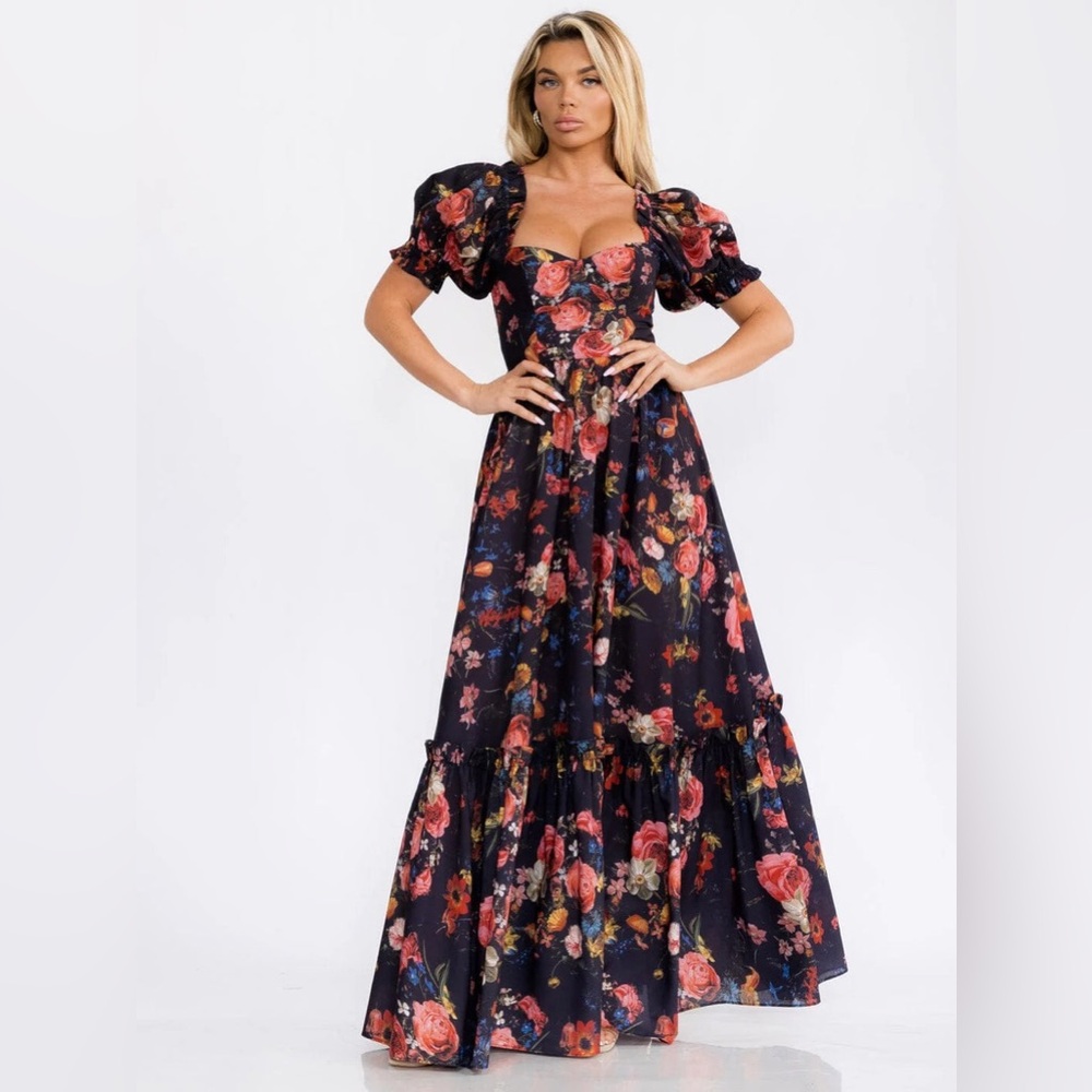 BLACK PINK FLORAL SHORT PUFF SLEEVES MAXI DRESS